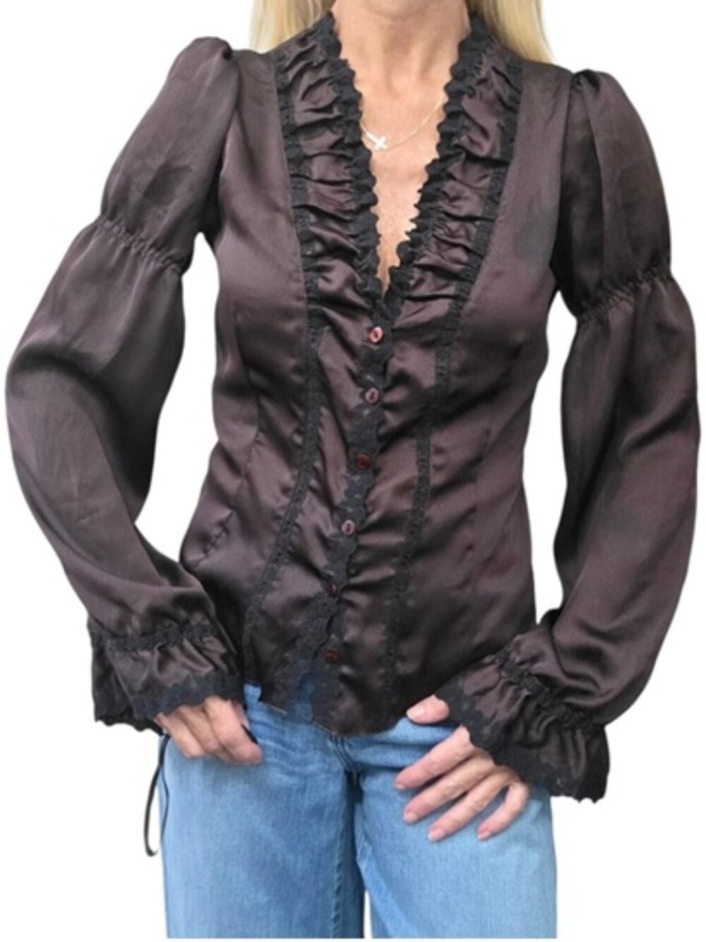 Vintage Y2K Sharagano France Brown Satin Ruffle Black Lace Blouse Size 38